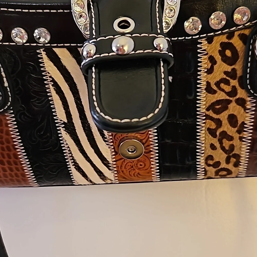 Vintage 1990s Mixed Animal Print Rhinestone Buckle Leather Baguette Satchel Bag